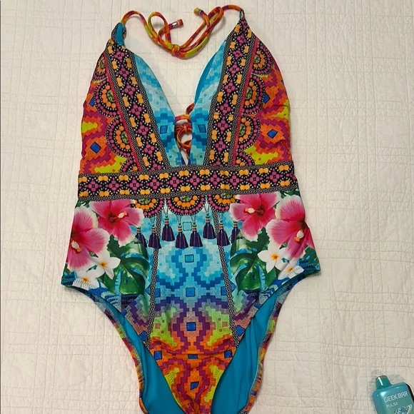 2/$50 Nanette Lepore Multi Color Keyhole Plunging Neckline One Piece Swimsuit - Picture 2 of 11